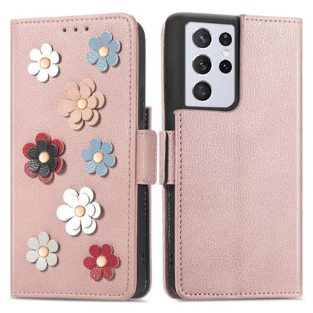 Mjukt läder Samsung Galaxy S21 Ultra 5G fodral med blomdekor - Roséguld