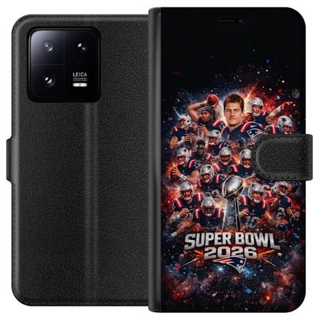 Yhteensopiva Lompakkokotelo Xiaomi 13 Pro Super Bowl 2026 juliste, jossa New England Patriots ja NFL-mestaruuspalkinto räjähtävän urheilullisessa suun