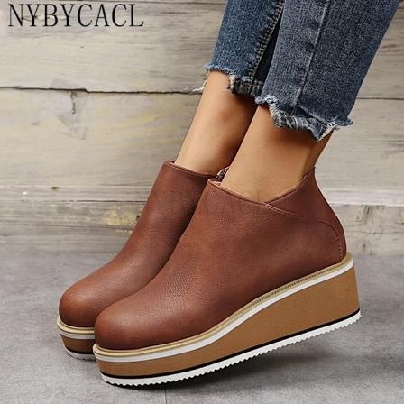 Dames Platform Ankelstøvler Mode Efterår og Vinter Ensfarvet lynlås Tyksålet Sne Støvler Komfortable Udendørs Korte Støvler dark brown 43