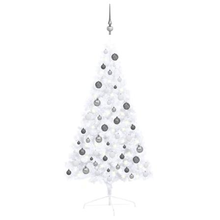 Halv Plastgran Med Led Och Julgranskulor Vit 120 Cm