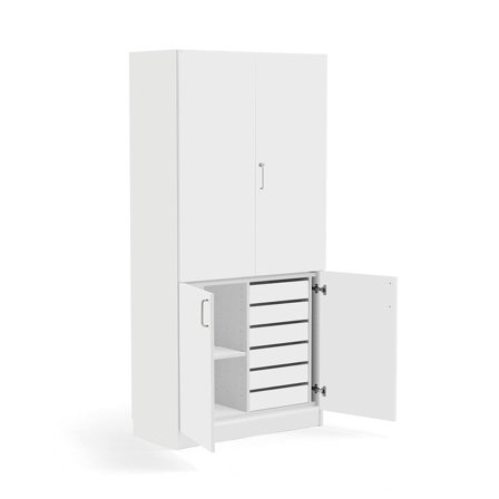 High wooden storage cabinet THEO, 1 shelf, 6 drawers, white