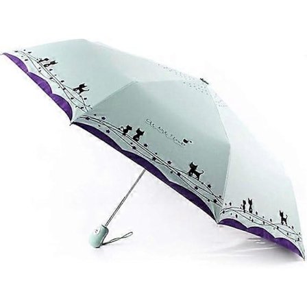 Vindtæt Kompakt Rejse Sammenfoldelig Sød Kat Paraply, Automatisk Åben Luk Regn & Sol Letvægts, grøn