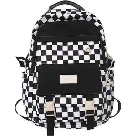 Nylon rygsæk, ternet skoletaske, studerende skole, rejse rygsæk stor kapacitet studerende skoletaske (Farve: Sort, Størrelse: One size)