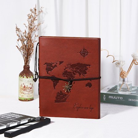 60-siders reisefotoalbum i skinn, vintage verdenskart DIY fotoalbum, en spesiell vintage Valentinsdag- eller bursdagsgave til pappa eller kjæreste.