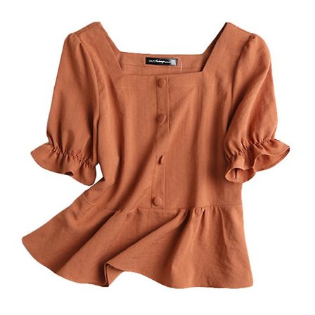 Enfärgad kortärmad kort skjorta med fyrkantig krage och volanger