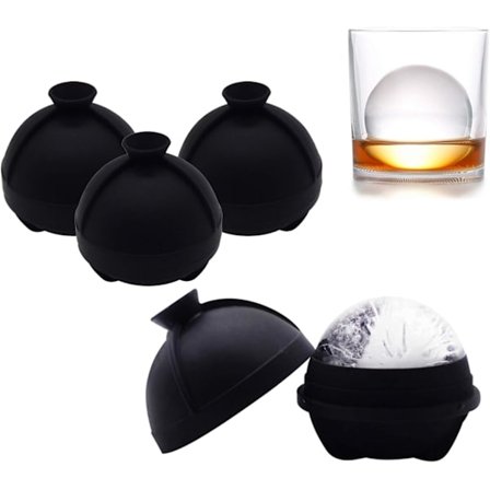 Silikon Isbitform Sett med 4 Gjenbrukbare 2,3 Tommers Runde Isbitmaskiner med Lokk og Trakt for Cocktails Whiskey Bourbon Drikker Svart
