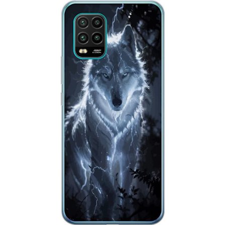 Yhteensopiva Puhelinkuori Xiaomi Mi 10 Lite 5G Valkoinen susi ympäröimänä salamoista pimeässä metsässä, dramaattinen fantasiakuva sähköisellä energial