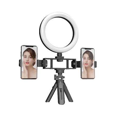 16 cm ringlampe med bordstativ og holder til to telefoner, dæmpbart LED-lys, justerbart stativ