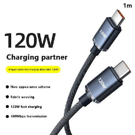 120W USB C till typ C-kabel för IPhone 15 Pro Max 13 Oneplus PO