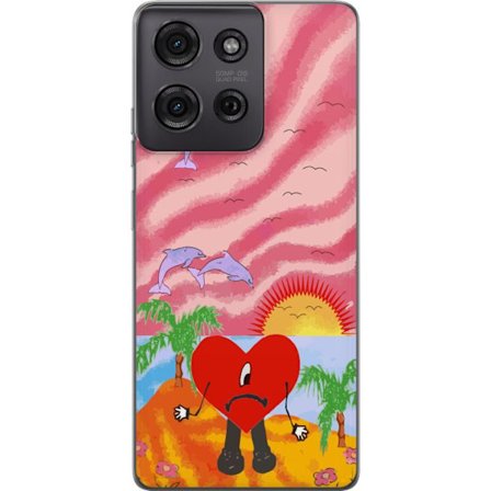 Kompatibelt Mobildeksel til Motorola Moto G75 Bad Bunny i en fargerik quiltet jakke med hjertemønster og solbriller i moderne gatestil