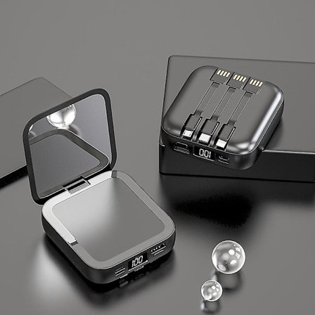 20000mah Bärbar Mini Power Bank Makeup Mirror Led Digital Display Powerbank Externt batteripaket Power Bank för mobiltelefoner Black