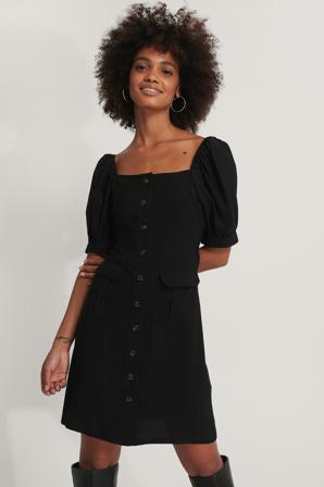 NA-KD Robe boutonnée à manches bouffantes - Robes courtes - Noir - EU 34