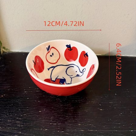 Sæt med 2 vintage elefantmønstrede æblerøde små skåle og tallerkener, underglasur keramisk service, perfekt til saucer eller desserter.