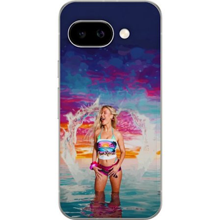 Kompatibelt Mobildeksel til Google Pixel 9a Blond kvinne i fargerik strandantrekk som leker i havet ved solnedgang