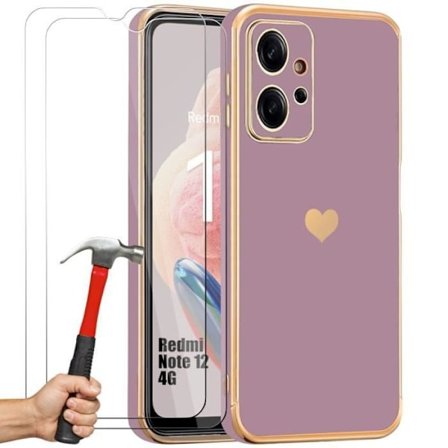 Coque - Xiaomi - Redmi Note 12 4G - Lila - Stöttålig - Guldhjärtmönster
