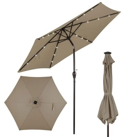 COSTWAY Tilt offset haveparasol Dia.270 x 250 CM med 18 LED'er, Anti-UV robust metalstruktur til terrasse, brun