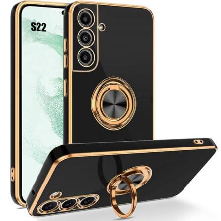 Silikone etui til Samsung Galaxy S22 med 360 graders roterende ringholder - sort