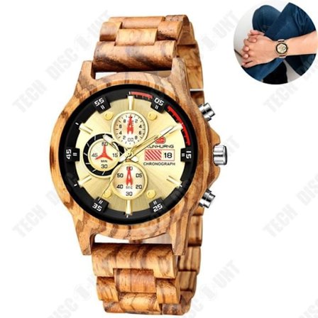 Sportur - TD - Ur i zebratræ - Multifunktionel - Kvartsur - 50 mm i diameter