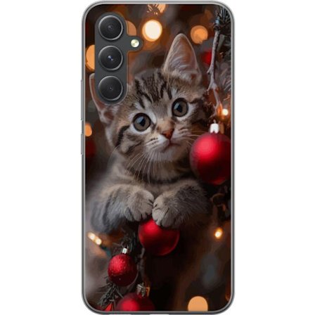 Samsung Galaxy A55 Gjennomsiktig deksel Søt kattunge blant julepynt og varme lys med nysgjerrige øyne som ser opp, omgitt av dekorasjoner som skaper