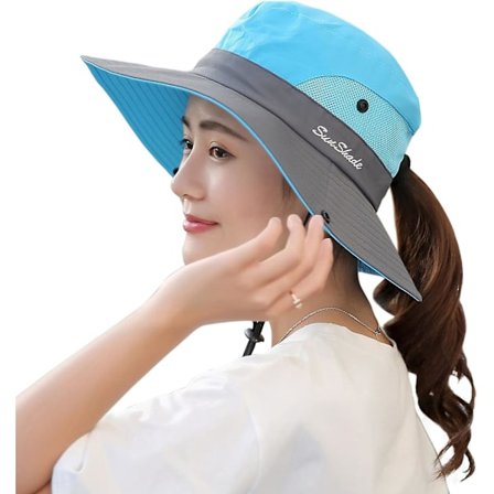 Hestehale solhatter for kvinner Bred brem sommer safari strandhatt Utendørs UV-beskyttelse bøttefiskehatt - Himmelblå