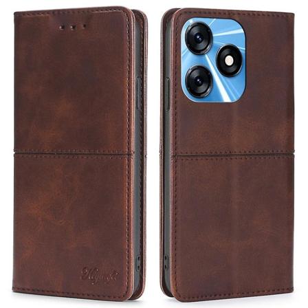 Telefoncover til Tecno Spark 10 4G med kortspor, ko-lædertekstur, stand - Mørkebrun Dark Brown