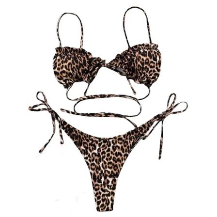 Bikini, naisten tiukka 2-osainen uimapuku, tyylikäs leopardinkuvio, ryppyinen kolmiopussi vaimolle (M)