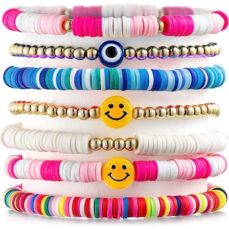 7 stk. Preppy Stablebare Armbånd Fargerike Happy Smile Evil Eyes Stretch Armbånd Y2K Håndlagde Charms
