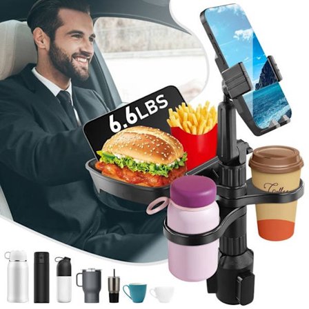 TTLIFE Bilkopholder med Bord, Bilkopholder med Telefonholder og 360 Graders Roterende Bord