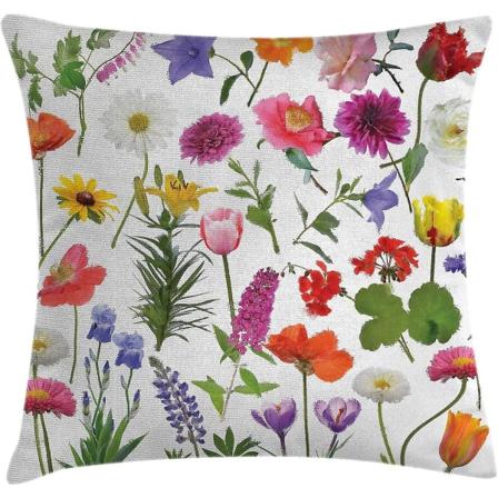 Blomsterkudde Cover, Typer av blommor Levande färgade rosor Tulpaner Daisies Hortensior Syrener Print,18" X 18", Sage Green