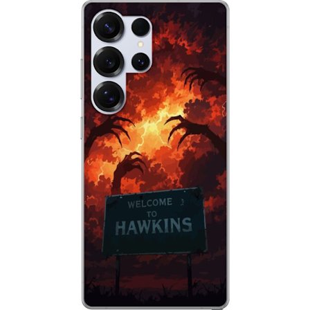 Kompatibelt Mobildeksel til Samsung Galaxy S25 Ultra Mørk apokalyptisk fantasi-scene med brennende himmel og Hawkins-skilt i Stranger Things-stil