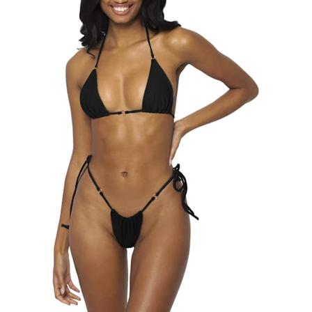 OUJ Dam Halter String Bikini Set Sexig Trosa Cheeky Tvådelad Baddräkt Solid Färg Badkläder