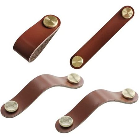 Nahka-kaappikahvat, 4 vintage-kalustekahvaa, nahkakahvat kaappeihin, punertavanruskea