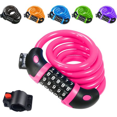 Cykellås (Pink), Lang Cykellås 120cm x 12mm, Tyverisikret Kabel til Cykel Scooter Motorcykler Cykelport med 5 Cifre Intelligent Kode og Barnevogn 
