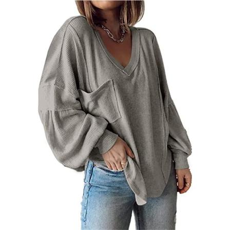 Enfärgad Tröja För Damer, Långärmad V-ringad Tunikablus