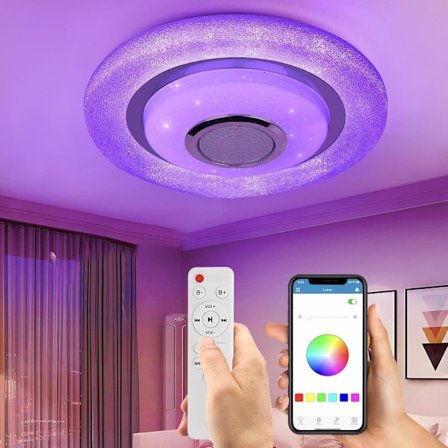 LED Taklampe Dimbar med Bluetooth-høyttaler, 24W RGB Fargeendringslamper med Fjernkontroll og APP-styring for Soverom og Stue_TF_TF
