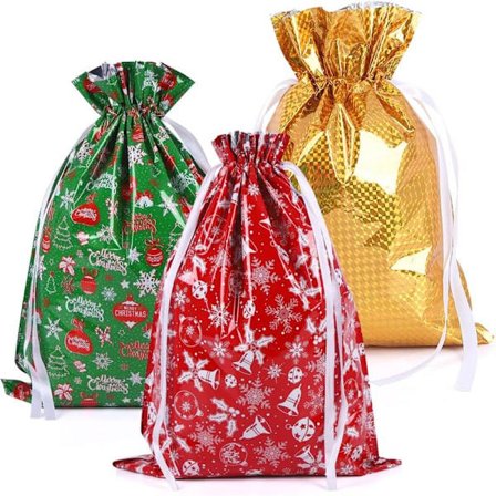 43 * 58 cm Stor julepose med snoretræk, 3-pak julegavepose med snor til julefest