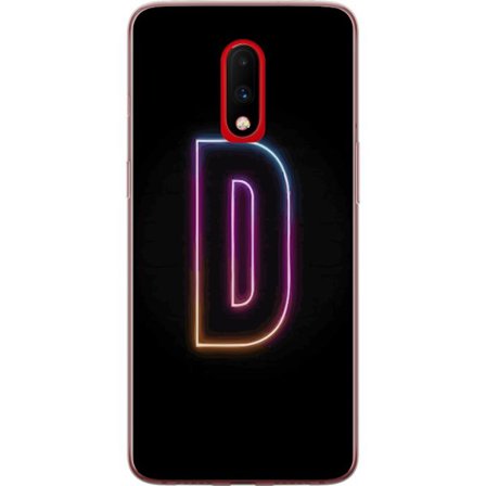 Kompatibel Mobilcover til OnePlus OnePlus 7 Minimalistisk neonbogstav D i farveskiftende lys mod sort baggrund i moderne digital design