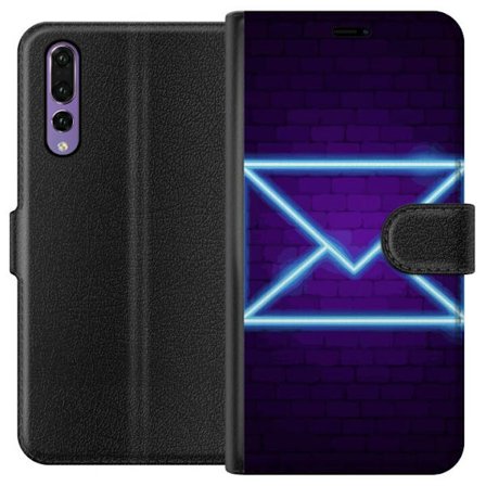Kompatibel Tegnebogsetui til Huawei Huawei P20 Pro Neon illustration af kuvert i blåt lys mod lilla teglvæg, moderne symbol for beskeder kommunikati