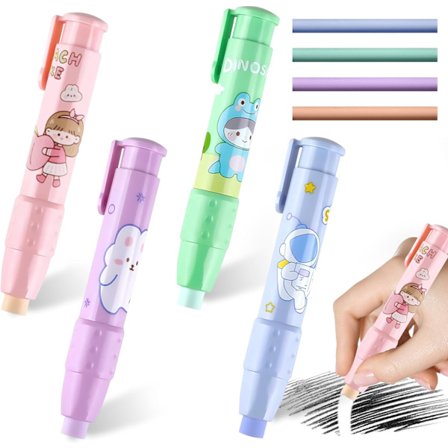 4 Retractable Eraser Pen, Pencil Eraser med 8 ersättningskärnor,