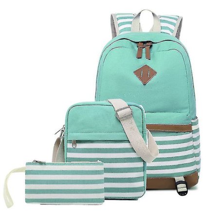 3 i 1 Rygsæk Sæt Piger Lærred Bogtasker Stribede Prints Laptop Rygsække