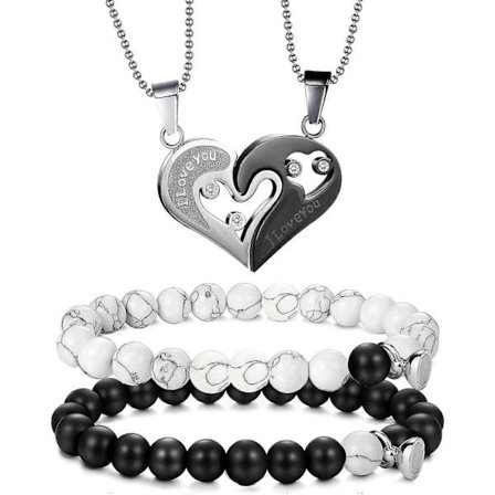 4 stk. matchende armbånd og halskjede for par, hans og hennes løfte hjerteanheng [HK]