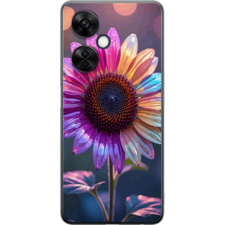 Kompatibelt Mobildeksel til OnePlus Nord CE3 Irideserende blomst med glitrende kronblad i rosa lilla og gull mot myk bokeh bakgrunn