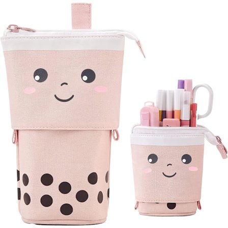 Teleskopisk pennal, 2-i-1 uttrekkbar pennal, skole pennal, pop-up stående stasjonær pennal med glidelåslukking for kosmetikk