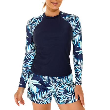 Dam långärmade badkläder Crewneck Beachwear surfkläder Blue Leaf Tags Size L