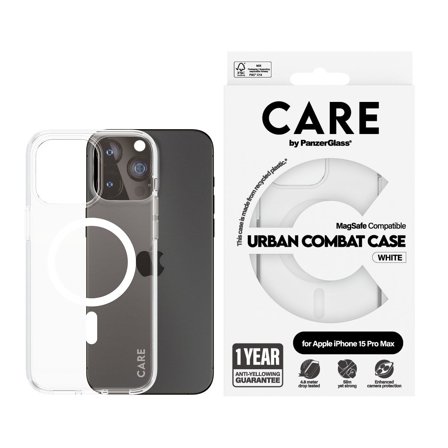 CARE by Panzer Flagship Case Transparent Urban Combat w. White MagSafe iPhone 15 Pro Max PanzerGlass - High quality tempered glass screen protector