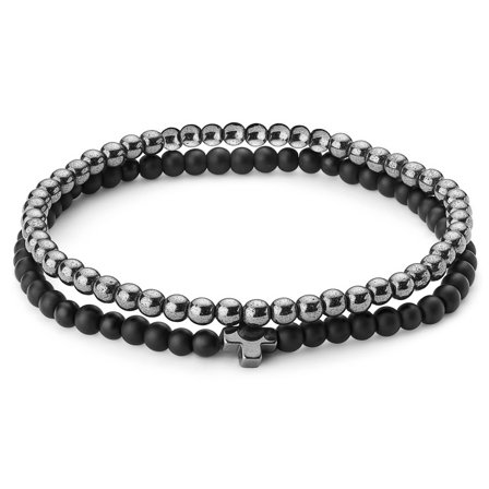 Set de bracelets en pierres d'onyx noir et croix en hématite pour hommes - Bracelets de perles