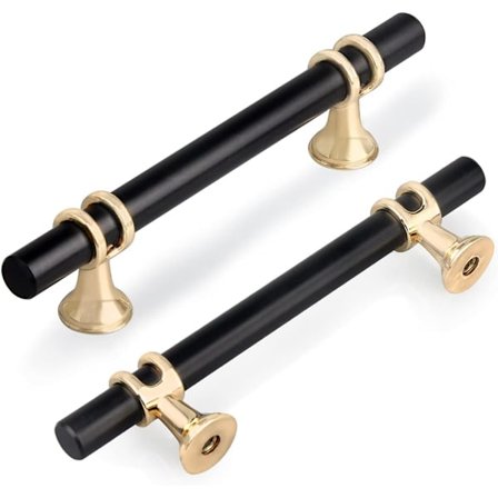 Sæt med 6 96 mm T-formede skabsdørhåndtag, moderne køkkenhåndtag i zinklegering til soveværelsesborde, skuffer, inklusive skruer, sort med guldbase