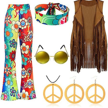 70'er Hippie Party Retro Kostume Tassel Vest+bukser+sjal Kostume Farvegradient L