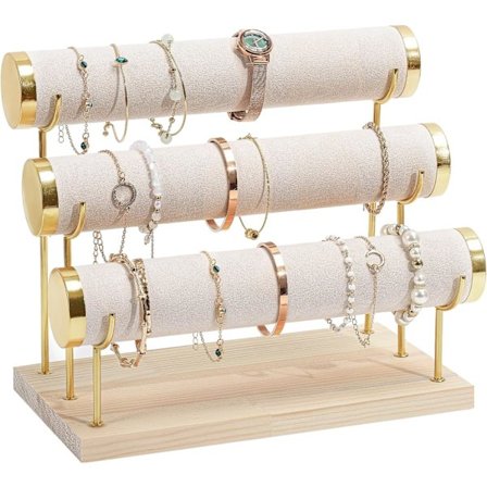 Beige Armband Display Stativ, Armbandshållare, 3-Tier Avtagbart Armband Stativ med Träbricka, Je