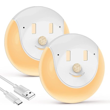 Nattlys med bevegelsessensor [2 stk] Oppladbart USB Smilende nattlampe Gave